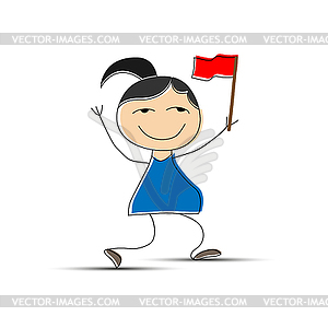 Cheerful girl with red flag in hand, flat design - royalty-free vector clipart