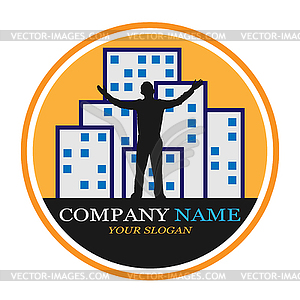 Логотип, человек с поднятыми руками на фоне города, простой - векторный рисунок