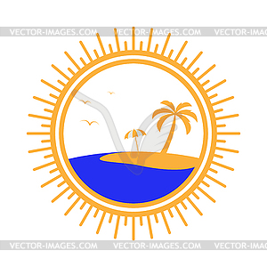 Simple round logo with palm tree, umbrella and sea - vector image