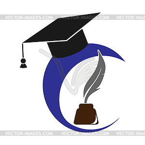 Logo with graduate cap, inkwell and pen, flat image - vector image