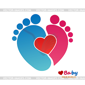 Fingerprint children`s feet with heart, simple - vector clipart