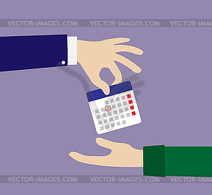 Calendar sheet pass of hand to hand, flat design - vector clipart