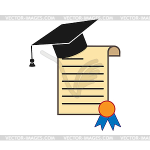 Diploma with graduate cap, flat image - vector clip art