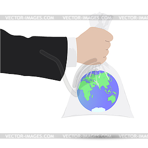 Globe is inside plastic bag. Environmental protectio - vector clipart