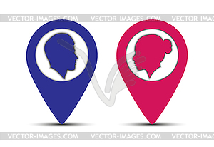 Color icons men and women, pointers for maps terrain - vector clipart