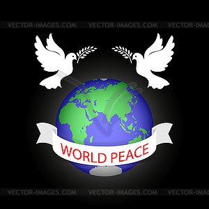 Globe with doves and an olive branch with words - vector image