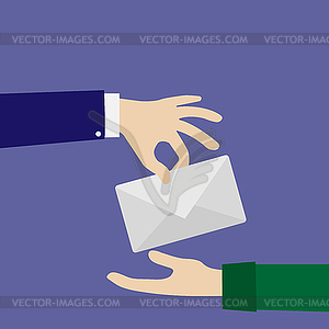 Hand to hand transfer envelope, simple design - vector clip art