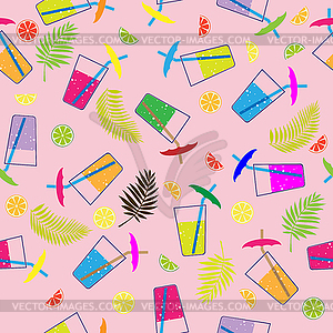 Seamless pattern with cocktail, tropical leaves - vector clip art