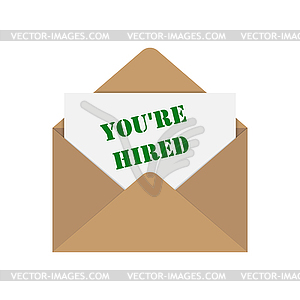 Envelope with letter and words you`re hired - vector clip art