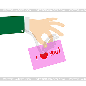 Fingers of hand holding piece of paper with - vector clip art
