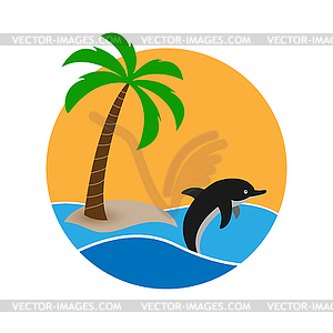 Dolphin on background of tropical island, sun and - vector image