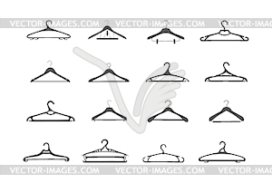 Set of wooden and plastic clothes hangers - vector image