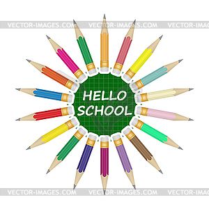 Set of colored pencils laid out around inscription - vector clipart