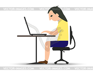 Young man sits at table and works or plays on laptop - vector clip art