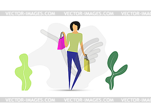 Стильная девушка с покупками в магазине, простой дизайн - изображение в векторном виде