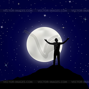 Man stands on top of mountain with his hands - vector image