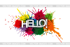 HELLO! inscription on background of colored spray - vector clipart