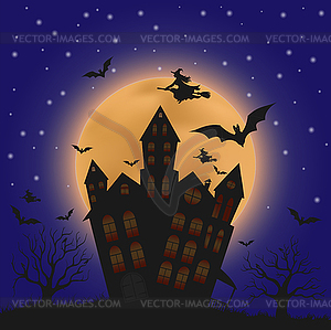 Silhouette of gloomy house against full moon, - vector clipart