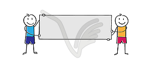 Два улыбающихся мультяшный мужчина держит плакат, место для - векторизованный клипарт