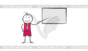 Мультяшный человек показывает указатель на плакат, место для - векторный графический клипарт