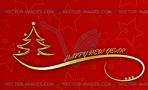 Happy New Year. Golden contour christmas tree with - vector clip art