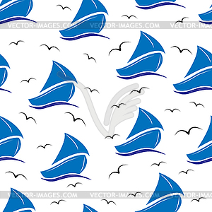 Seamless marine background with yacht sailing and - vector clip art