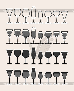 Set of wine glasses and glasses. Empty and filled - vector clip art