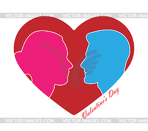 Сердце с профильными силуэтами мужского и женского пола - изображение векторного клипарта