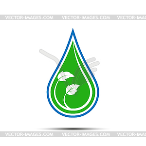 Drop and green branch with leaves. Color icon. - vector clipart