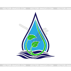 Drop, sea wave, and green branch with leaves. - vector clip art
