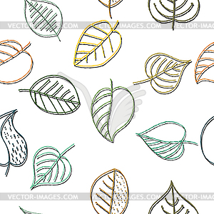 Seamless color pattern of plant leaves drawn by han - vector image