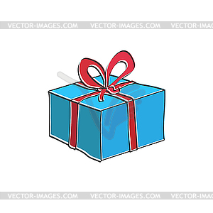 Color gift box with ribbon in style of Doodle. - vector image