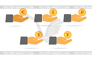 Set of colored icons, an outstretched palm and - vector clip art