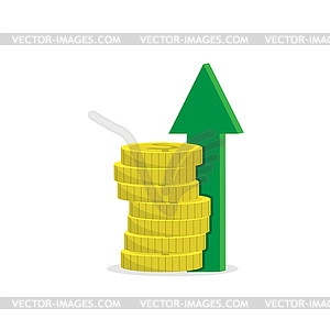 Стопка монет со стрелкой вверх. Простая цветная квартира - клипарт в векторном формате