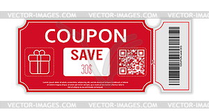 Coupon for sale with real barcode and QR code for 3 - vector EPS clipart