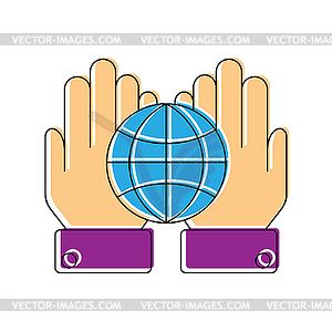 Globe on outstretched palms, simple icon, color - vector image