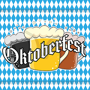 Three beer mugs with Oktoberfest lettering for - vector image