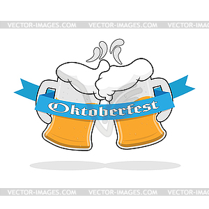 Two mugs of beer with foam and ribbon with words - vector clipart