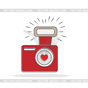 Cartoon camera with heart in lens - vector image