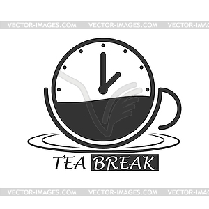 Чашка горячего чая с часами и надписью Tea Break - иллюстрация в векторном формате