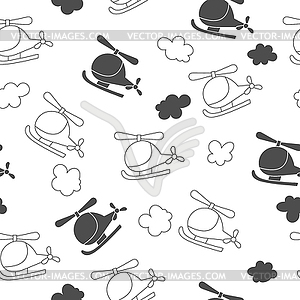 Seamless pattern with cartoon helicopters and cloud - vector clipart