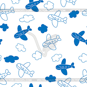 Seamless pattern with cartoon planes and clouds - vector image