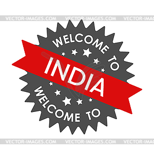 Welcome to INDIA. Round label with red ribbon. - vector image