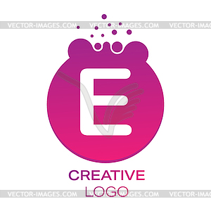 Creative logo. letter E on round dot with splashes - vector image