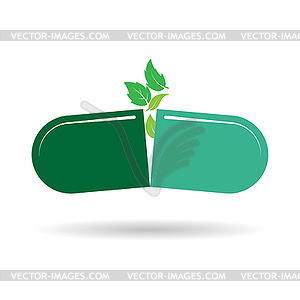 Tablet capsule with green leaves. for logo - vector image