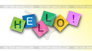 Hello. Welcome speech on multicolored square sheets - vector clipart