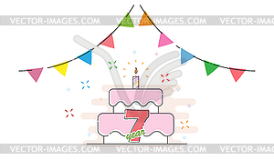 7 years. Cake with candle and colored flags for - vector image