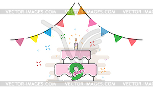 9 years. Cake with candle and colored flags for - vector clipart