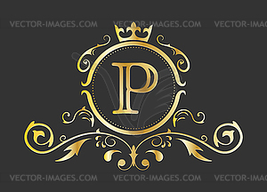 Golden stylized letter P of Latin alphabet. Monogra - vector image