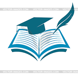 Icon of book, feather and cap of graduate. Source o - vector clip art